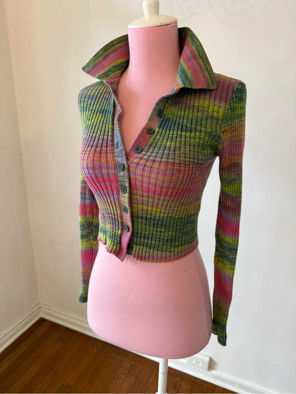 Y2K Like Missoni Ribbed Collared Button-Front Cropped Top